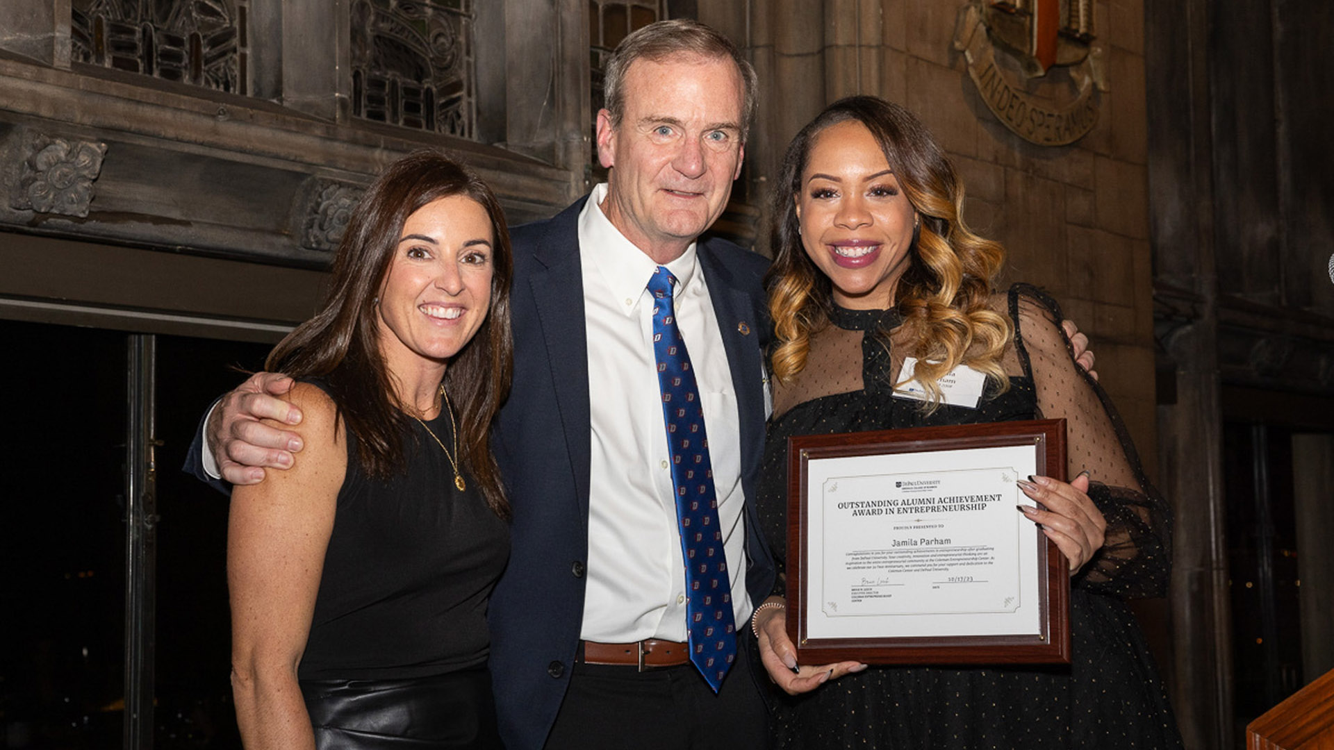 From left to right: Doyle, Leech and alumna Jamila Parham, recipient of an award for alumni in entrepreneurship and one of the keynote speakers for the night.